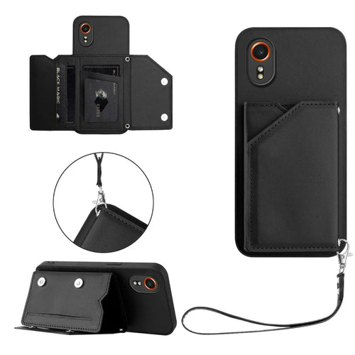For Samsung Galaxy Xcover7 Case Card Holder Kickstand Skin-Touch Phone Cover with Wrist Strap - Black - 1