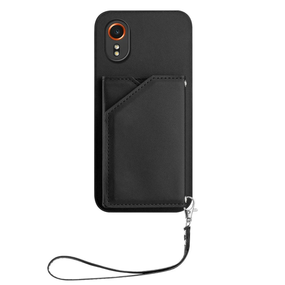 For Samsung Galaxy Xcover7 Case Card Holder Kickstand Skin-Touch Phone Cover with Wrist Strap - Black - 2