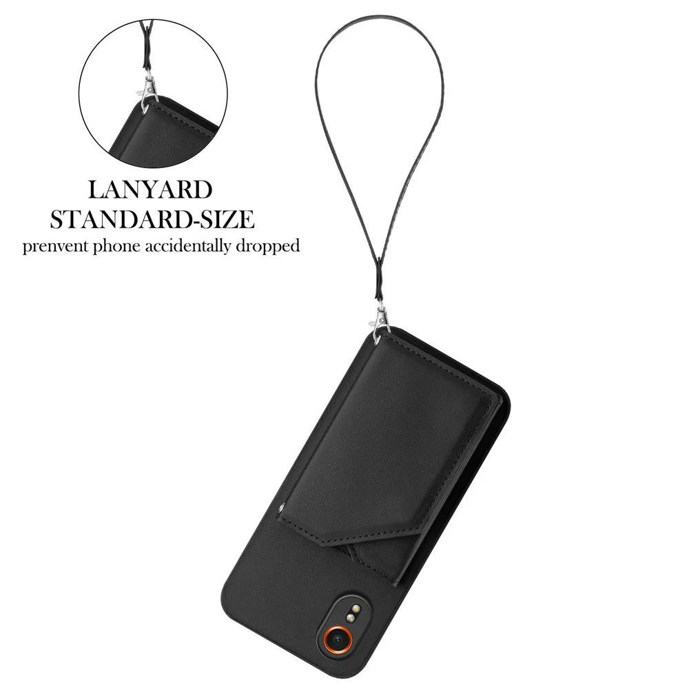 For Samsung Galaxy Xcover7 Case Card Holder Kickstand Skin-Touch Phone Cover with Wrist Strap - Black - 3