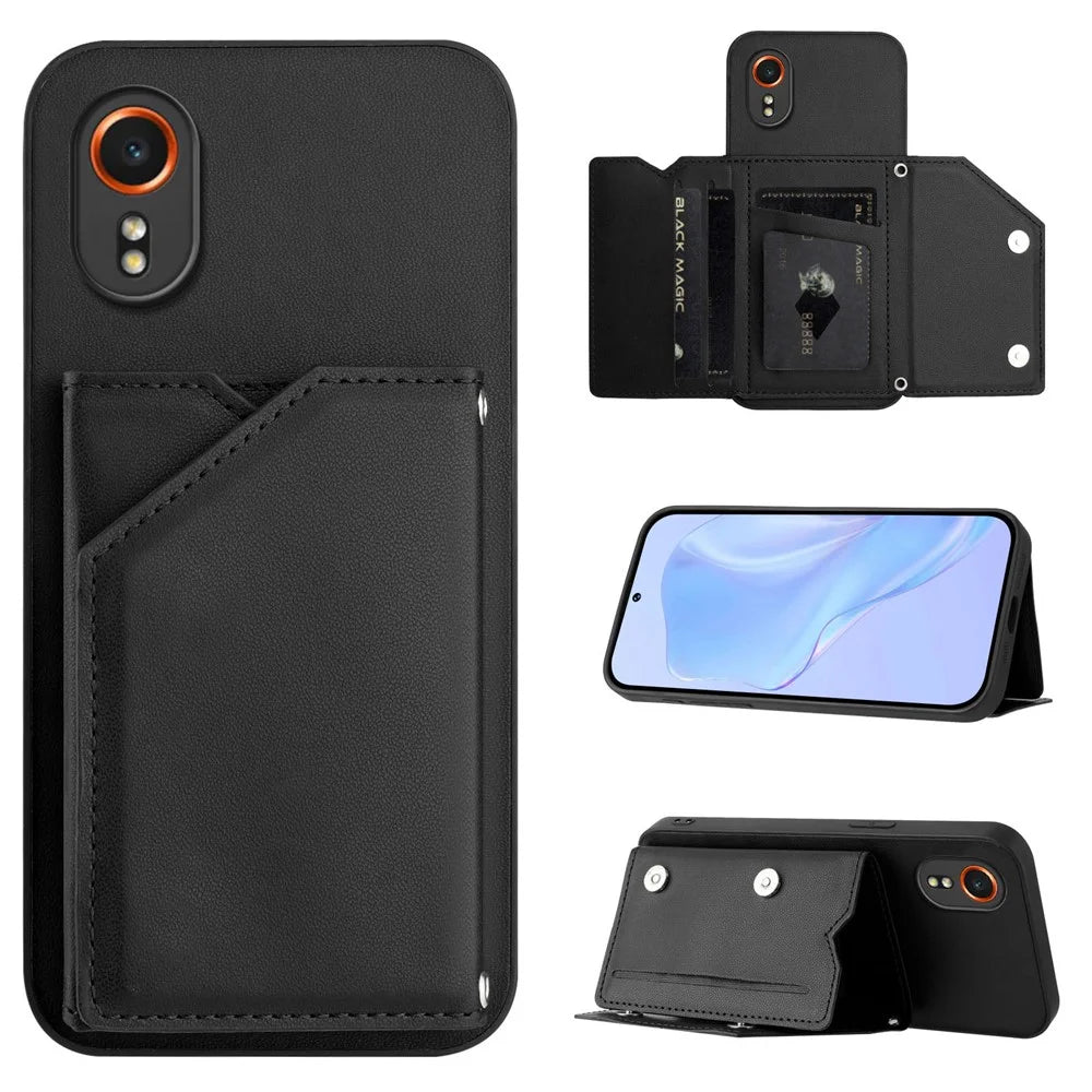 For Samsung Galaxy Xcover7 Case Card Holder Kickstand Skin-Touch Phone Cover with Wrist Strap - Black - 4