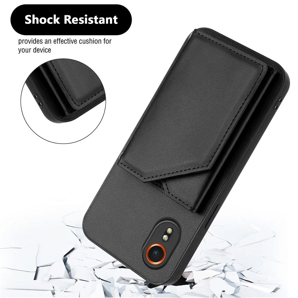 For Samsung Galaxy Xcover7 Case Card Holder Kickstand Skin-Touch Phone Cover with Wrist Strap - Black - 5