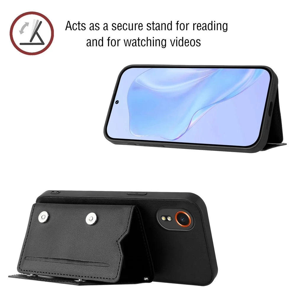 For Samsung Galaxy Xcover7 Case Card Holder Kickstand Skin-Touch Phone Cover with Wrist Strap - Black - 6