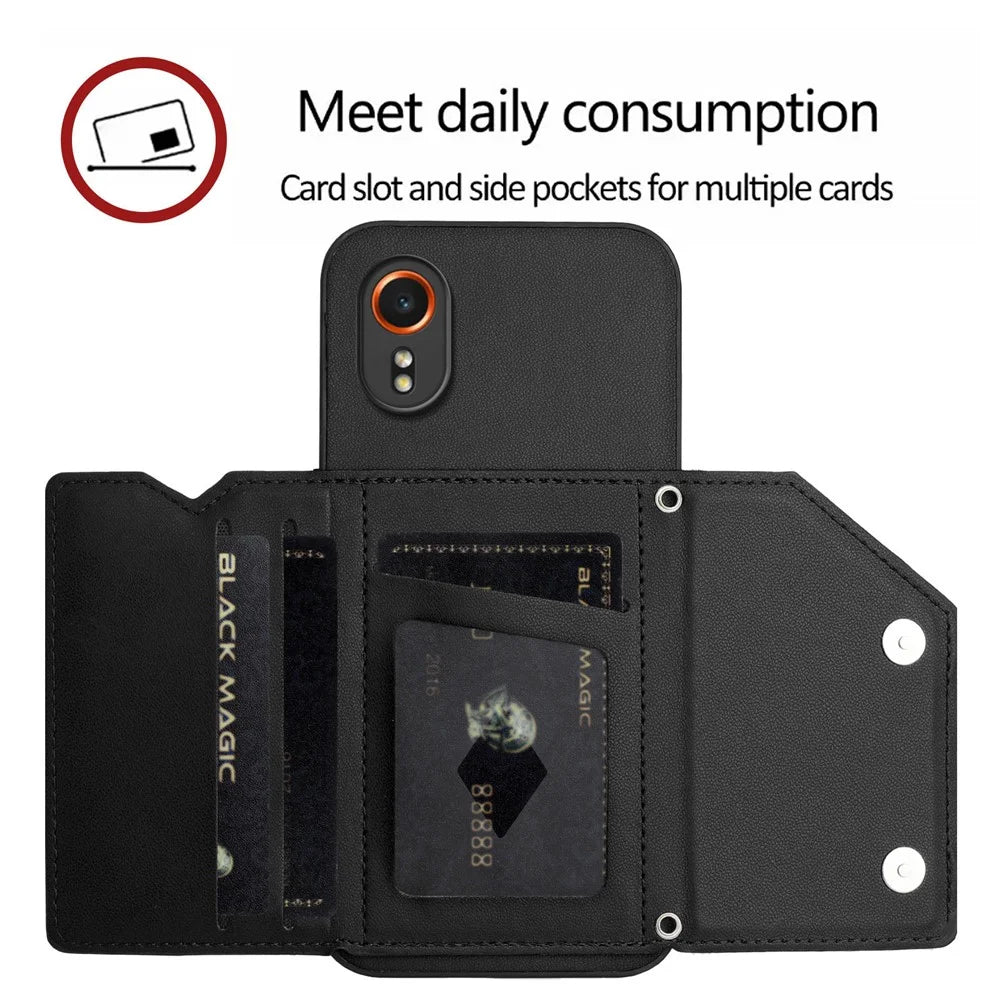 For Samsung Galaxy Xcover7 Case Card Holder Kickstand Skin-Touch Phone Cover with Wrist Strap - Black - 7