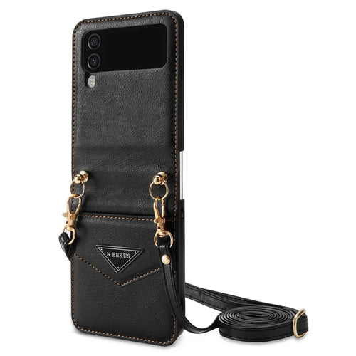 N.BEKUS Anti-Drop Phone Case for Samsung Galaxy Z Flip3 5G Shockproof Case PU Leather Hard PC Phone Shell with Lanyard - Black - 1