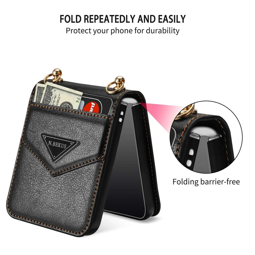 N.BEKUS Anti-Drop Phone Case for Samsung Galaxy Z Flip3 5G Shockproof Case PU Leather Hard PC Phone Shell with Lanyard - Black - 2