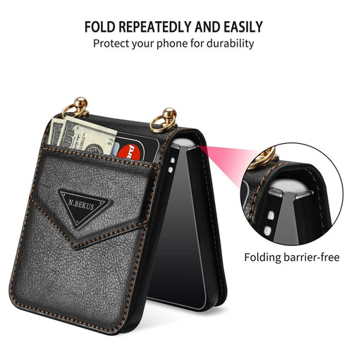 N.BEKUS Anti-Drop Phone Case for Samsung Galaxy Z Flip3 5G Shockproof Case PU Leather Hard PC Phone Shell with Lanyard - Black - 2