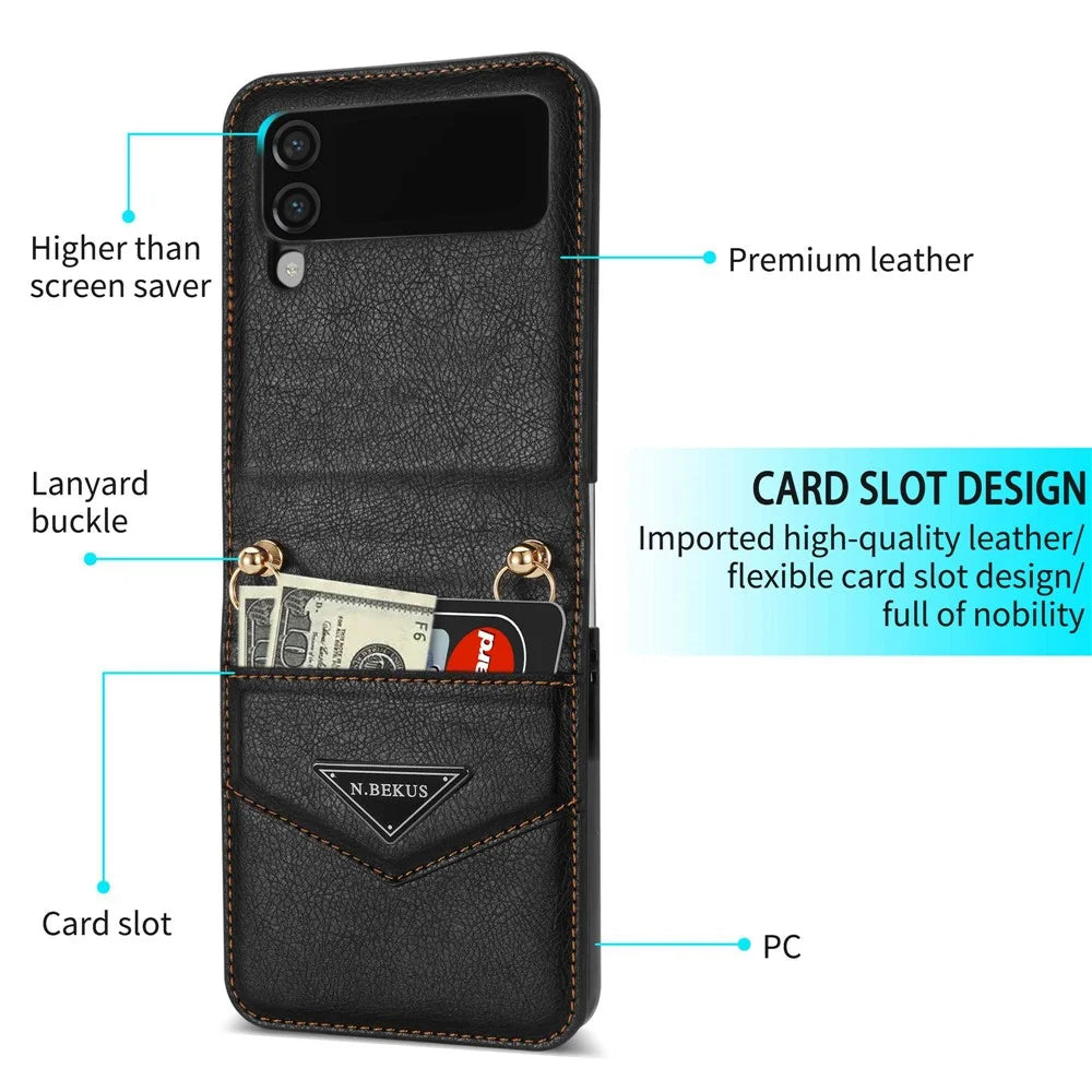 N.BEKUS Anti-Drop Phone Case for Samsung Galaxy Z Flip3 5G Shockproof Case PU Leather Hard PC Phone Shell with Lanyard - Black - 4