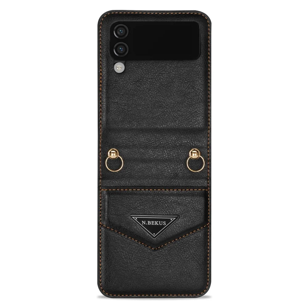 N.BEKUS Anti-Drop Phone Case for Samsung Galaxy Z Flip3 5G Shockproof Case PU Leather Hard PC Phone Shell with Lanyard - Black - 7