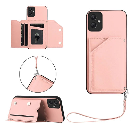 For Samsung Galaxy A05 4G Case Card Holder Kickstand Skin-Touch Phone Cover with Wrist Strap - Pink - 1