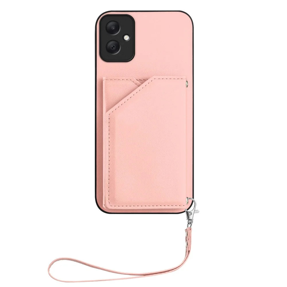 For Samsung Galaxy A05 4G Case Card Holder Kickstand Skin-Touch Phone Cover with Wrist Strap - Pink - 2