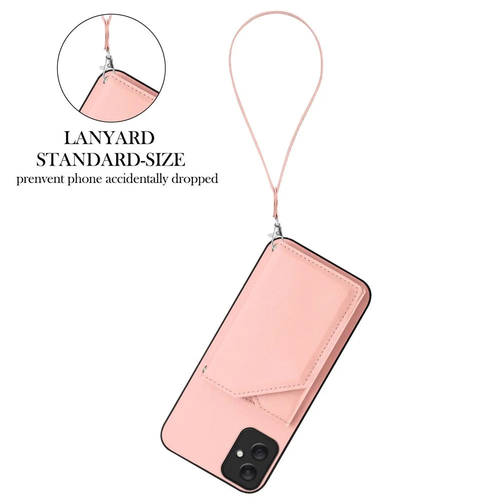 For Samsung Galaxy A05 4G Case Card Holder Kickstand Skin-Touch Phone Cover with Wrist Strap - Pink - 3
