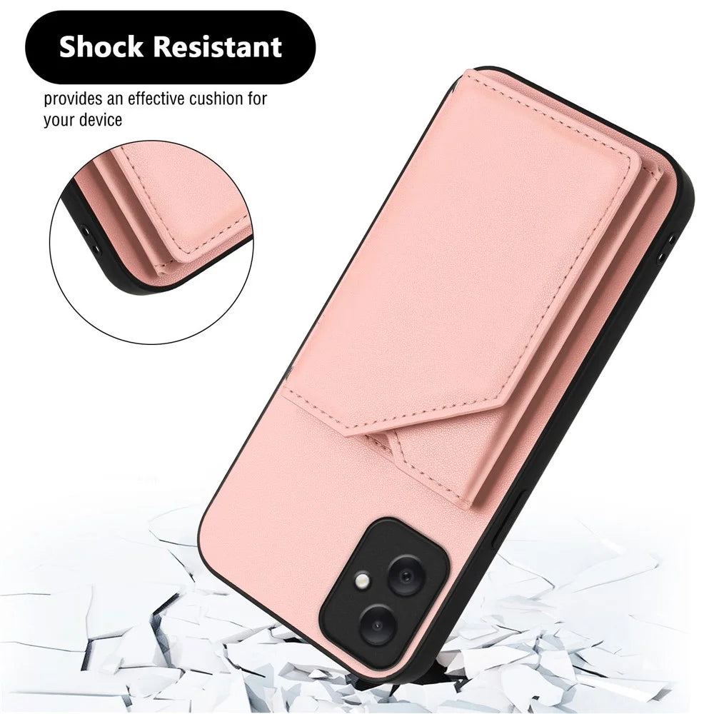 For Samsung Galaxy A05 4G Case Card Holder Kickstand Skin-Touch Phone Cover with Wrist Strap - Pink - 5