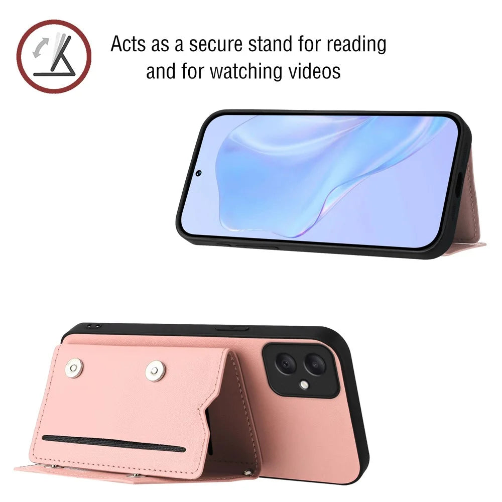 For Samsung Galaxy A05 4G Case Card Holder Kickstand Skin-Touch Phone Cover with Wrist Strap - Pink - 6