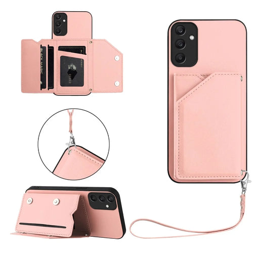 For Samsung Galaxy A25 5G (Global) (161.0 x 76.5 x 8.3mm) Case Card Holder Kickstand Skin-Touch Phone Cover with Wrist Strap - Pink - 1