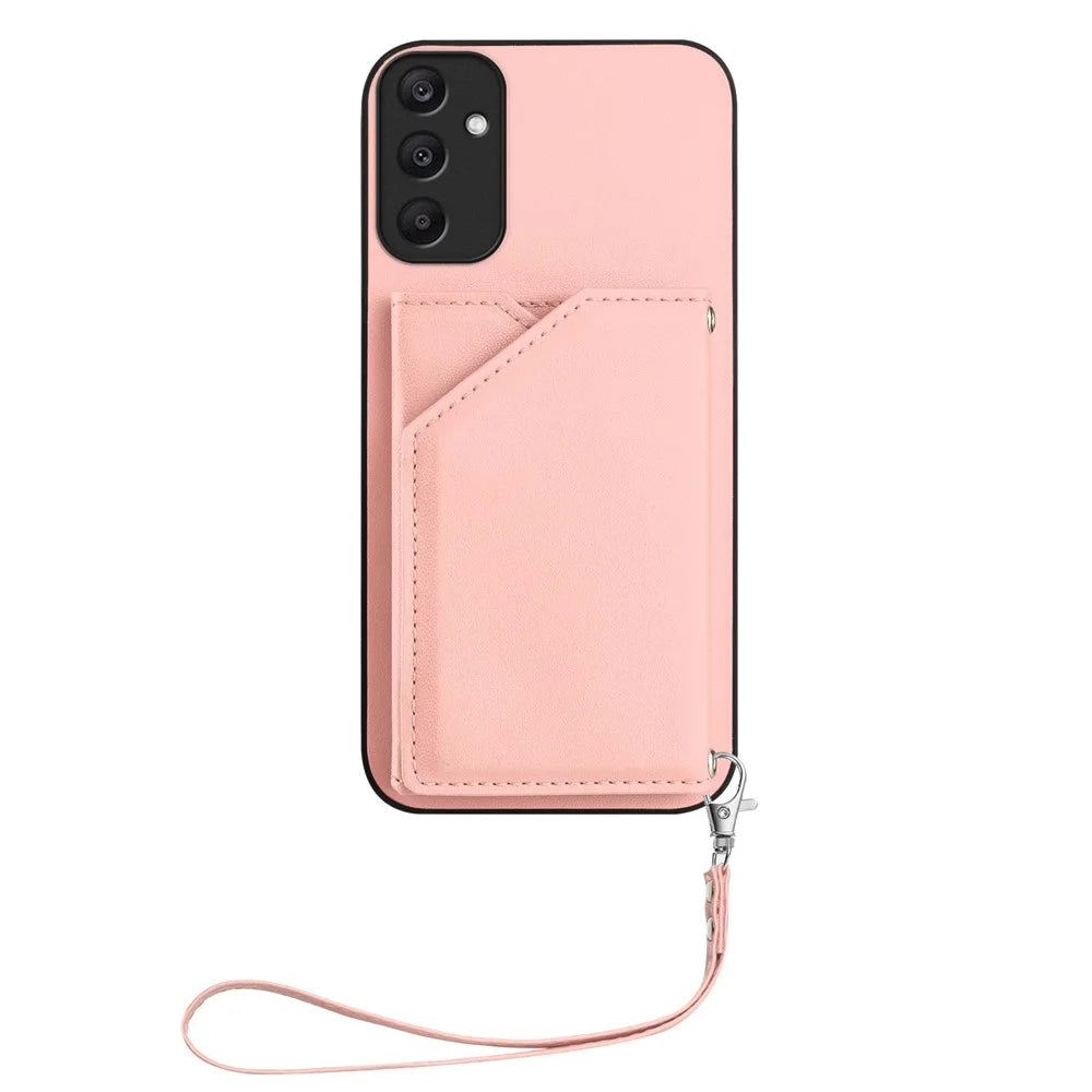 For Samsung Galaxy A25 5G (Global) (161.0 x 76.5 x 8.3mm) Case Card Holder Kickstand Skin-Touch Phone Cover with Wrist Strap - Pink - 2