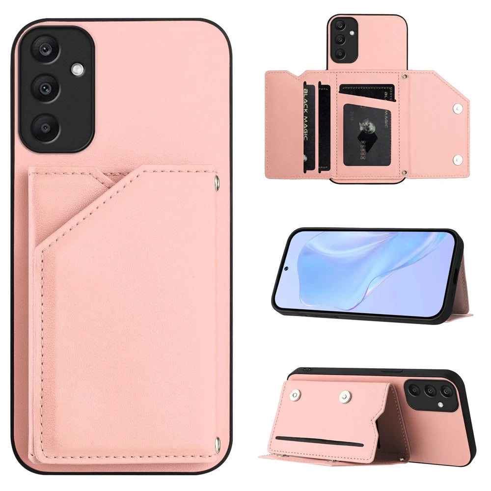 For Samsung Galaxy A25 5G (Global) (161.0 x 76.5 x 8.3mm) Case Card Holder Kickstand Skin-Touch Phone Cover with Wrist Strap - Pink - 4