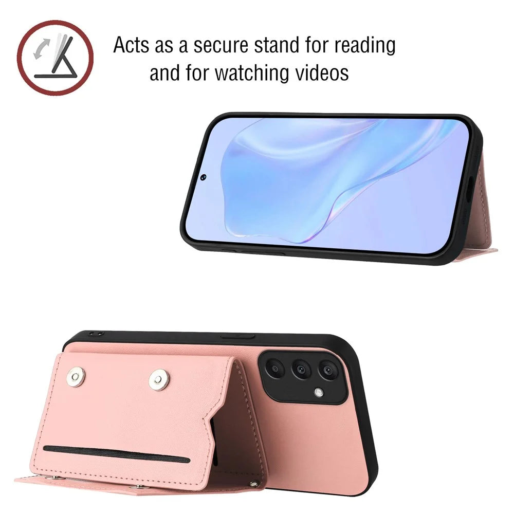 For Samsung Galaxy A25 5G (Global) (161.0 x 76.5 x 8.3mm) Case Card Holder Kickstand Skin-Touch Phone Cover with Wrist Strap - Pink - 6