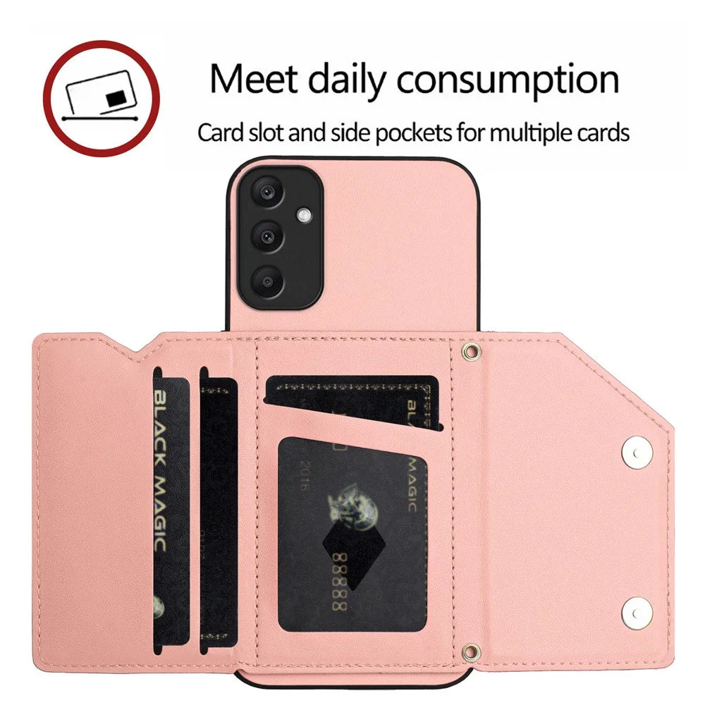 For Samsung Galaxy A25 5G (Global) (161.0 x 76.5 x 8.3mm) Case Card Holder Kickstand Skin-Touch Phone Cover with Wrist Strap - Pink - 7