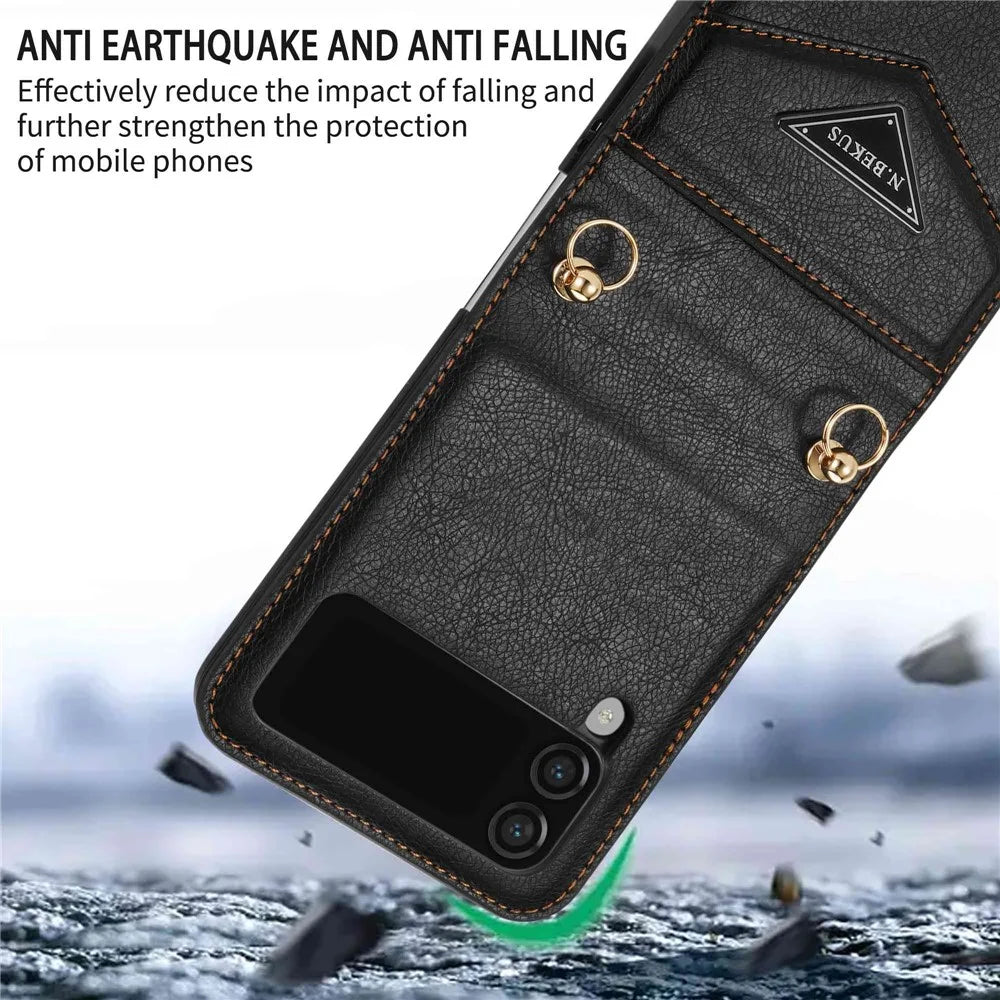 N.BEKUS Phone Case for Samsung Galaxy Z Flip4 5G Anti-Drop Protective Case PU Leather Hard PC Phone Shell with Lanyard - Black - 6