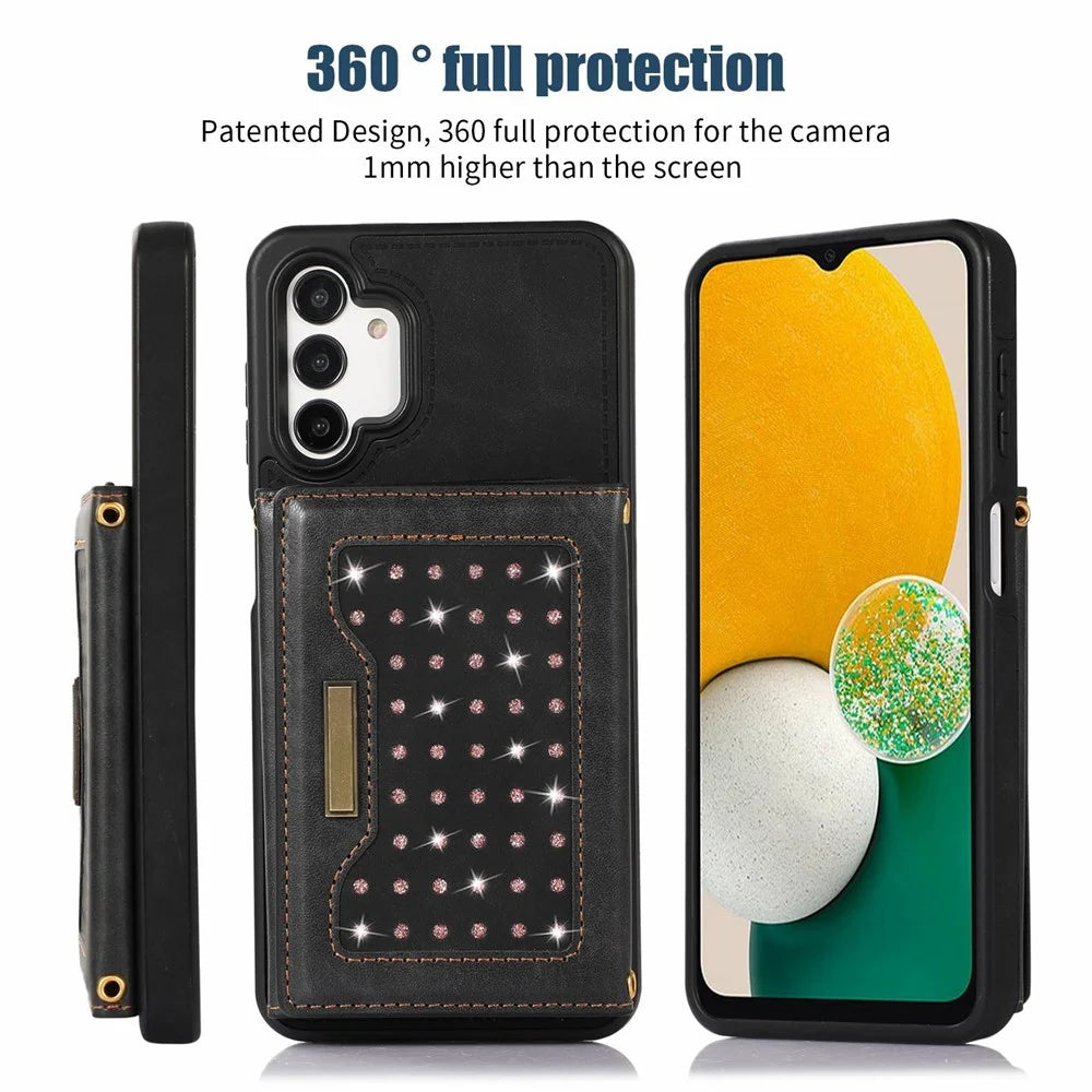 For Samsung Galaxy A04 4G (164.4mm) / A04s 4G (164.7mm) RFID Blocking Case PU Leather TPU Phone Cover with Lanyard / Wallet - Black - 2