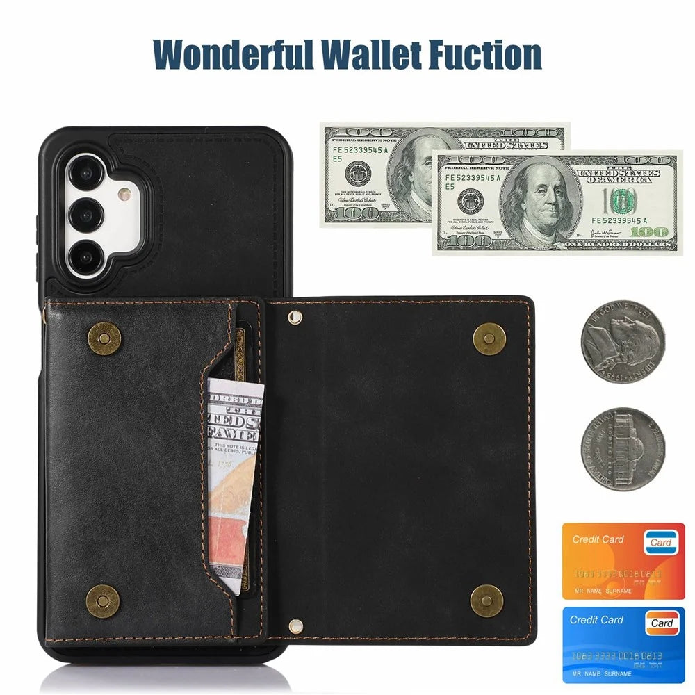 For Samsung Galaxy A04 4G (164.4mm) / A04s 4G (164.7mm) RFID Blocking Case PU Leather TPU Phone Cover with Lanyard / Wallet - Black - 4