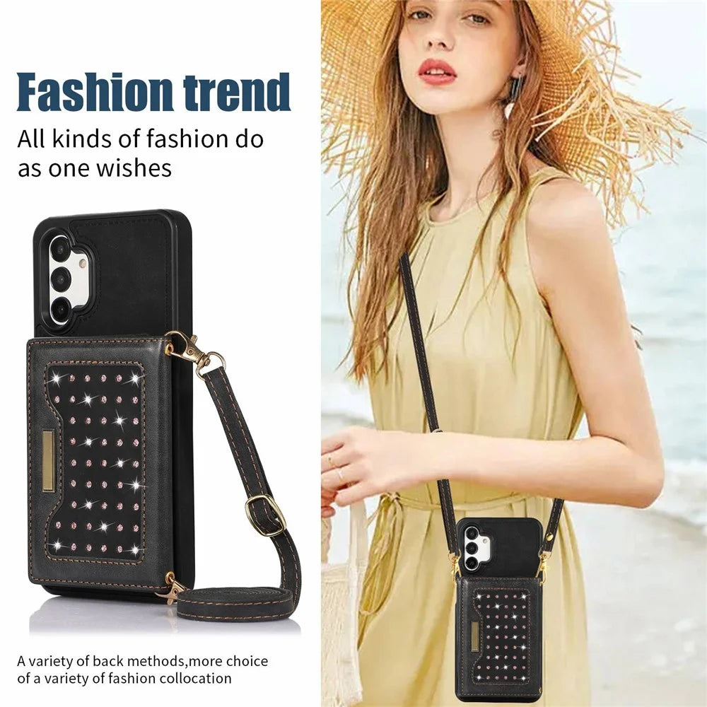 For Samsung Galaxy A04 4G (164.4mm) / A04s 4G (164.7mm) RFID Blocking Case PU Leather TPU Phone Cover with Lanyard / Wallet - Black - 6