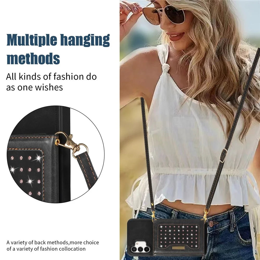 For Samsung Galaxy A04 4G (164.4mm) / A04s 4G (164.7mm) RFID Blocking Case PU Leather TPU Phone Cover with Lanyard / Wallet - Black - 7