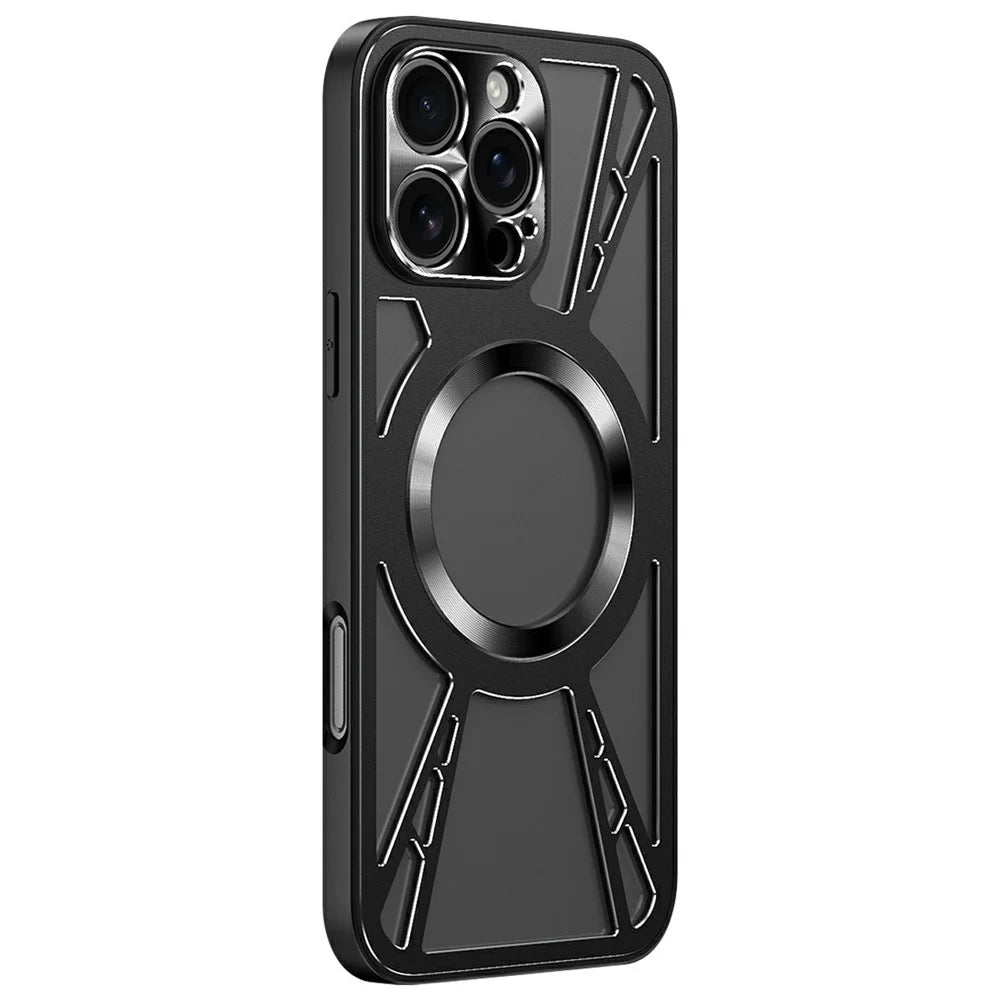 For iPhone 14 Pro Max Magnetic Case Hollow Heat Dissipation PC + Silicone Phone Cover - Black - 1