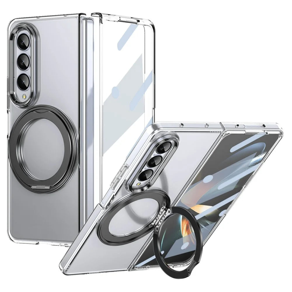 For Samsung Galaxy Z Fold3 5G Case Magnetic Kickstand Clear PC Phone Cover with HD Screen Film - Black - 1