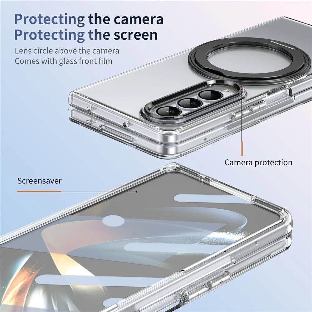 For Samsung Galaxy Z Fold3 5G Case Magnetic Kickstand Clear PC Phone Cover with HD Screen Film - Black - 4