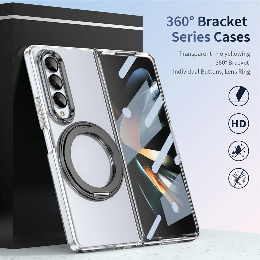 For Samsung Galaxy Z Fold3 5G Case Magnetic Kickstand Clear PC Phone Cover with HD Screen Film - Black - 5