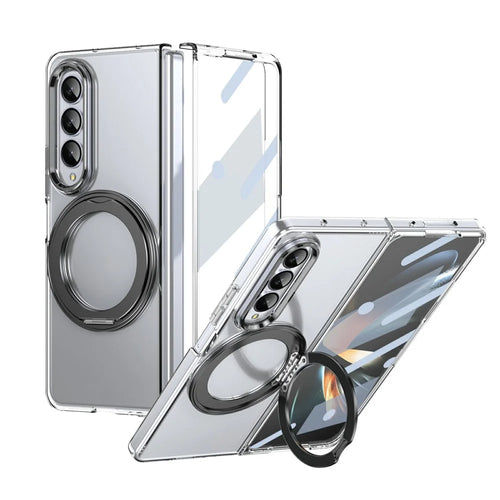 For Samsung Galaxy Z Fold4 5G Case Magnetic Kickstand Clear PC Phone Cover with HD Screen Film - Black - 1