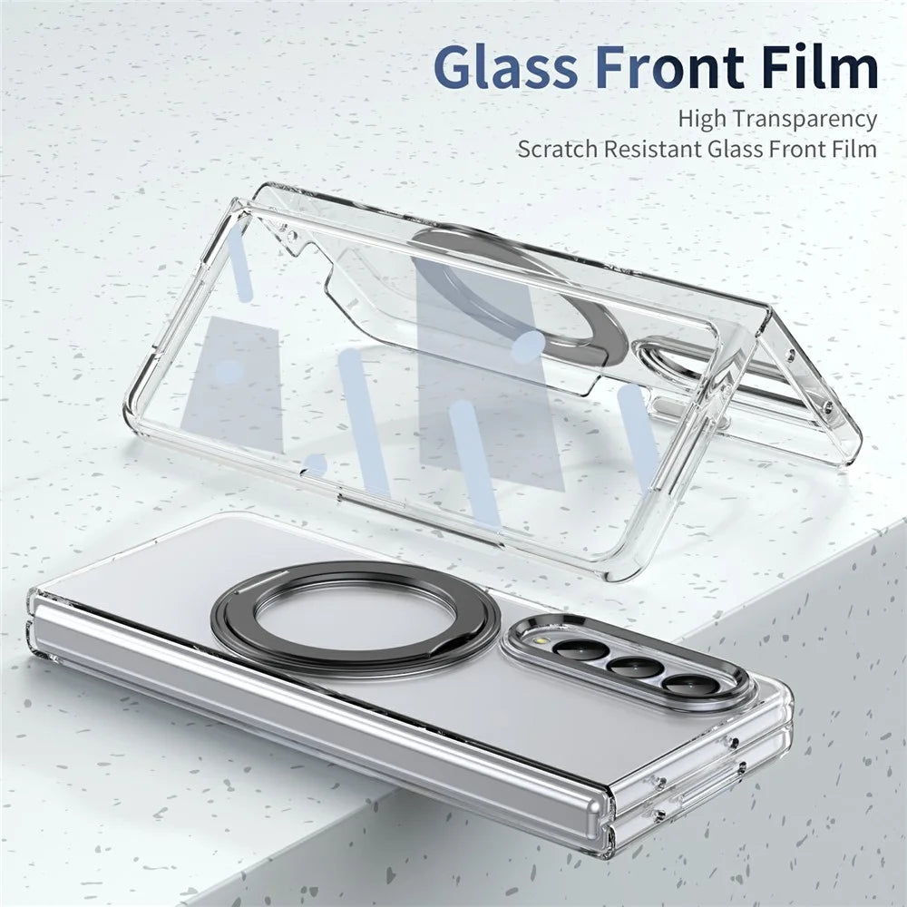 For Samsung Galaxy Z Fold4 5G Case Magnetic Kickstand Clear PC Phone Cover with HD Screen Film - Black - 7