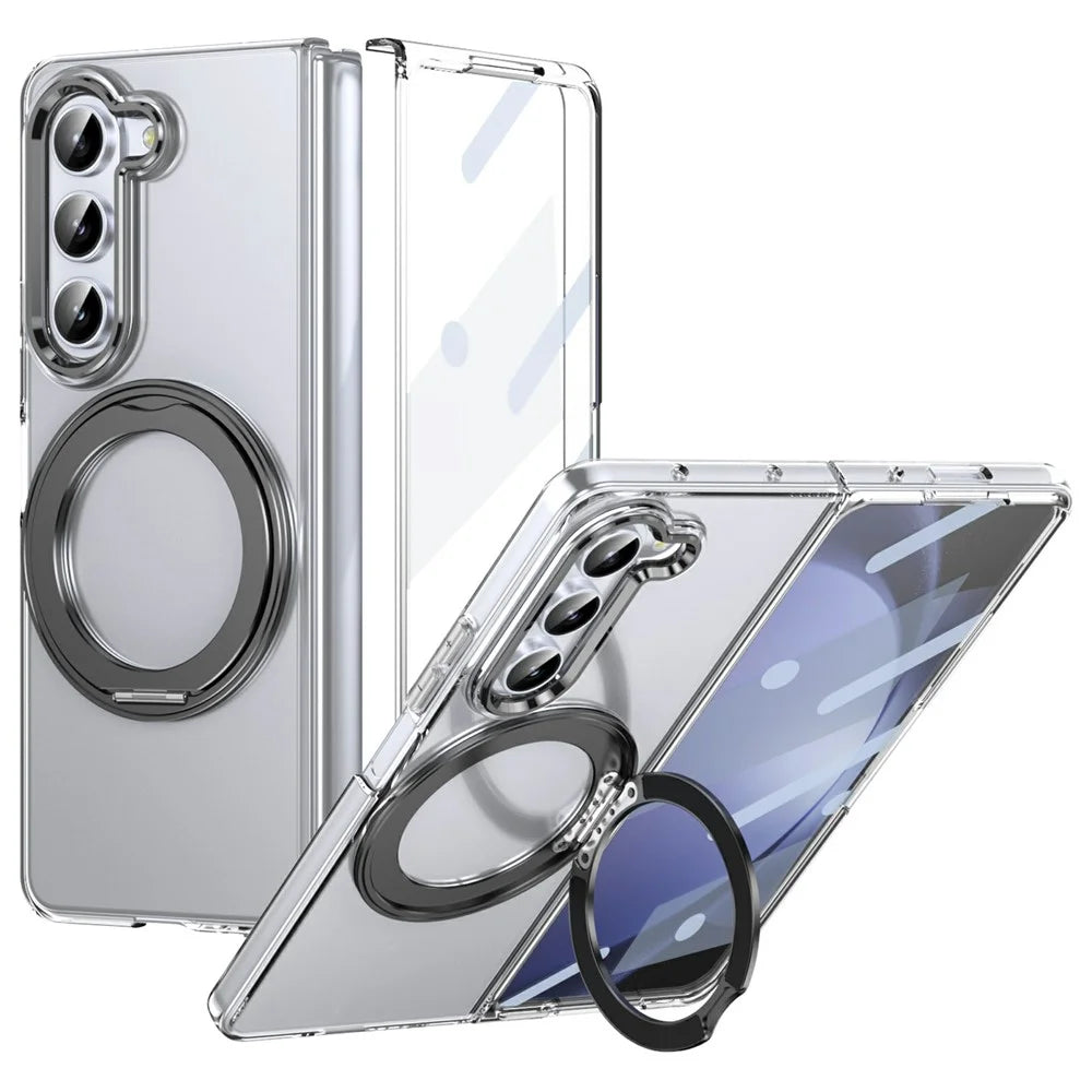 For Samsung Galaxy Z Fold5 5G Case Magnetic Kickstand Clear PC Phone Cover with HD Screen Film - Black - 1