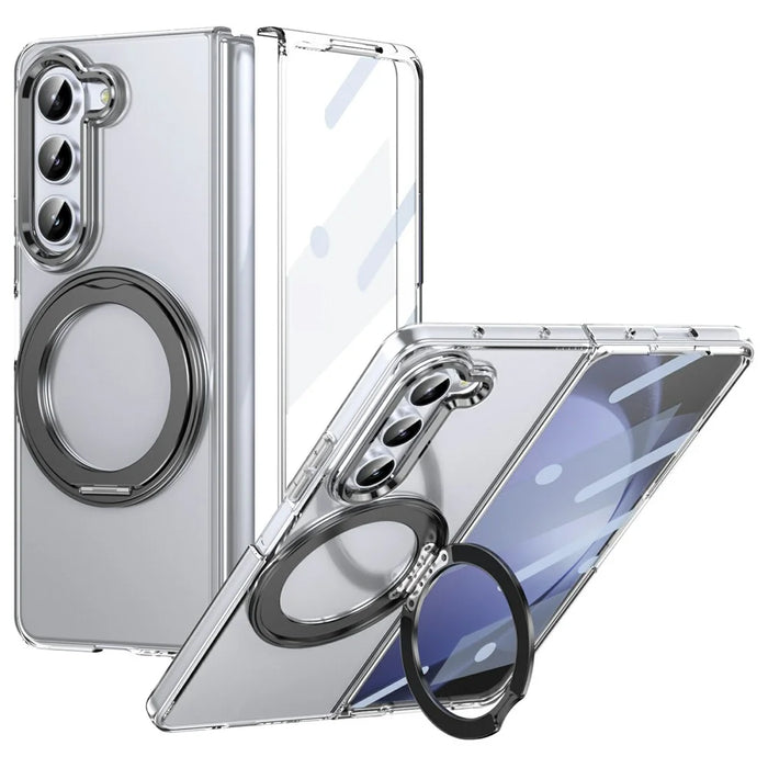 For Samsung Galaxy Z Fold5 5G Case Magnetic Kickstand Clear PC Phone Cover with HD Screen Film - Black - 1
