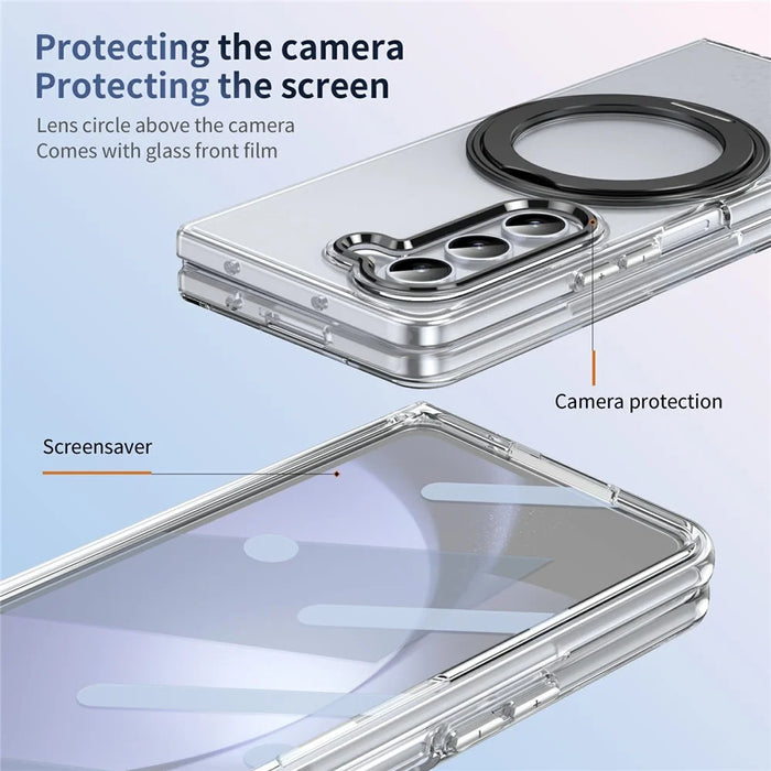 For Samsung Galaxy Z Fold5 5G Case Magnetic Kickstand Clear PC Phone Cover with HD Screen Film - Black - 6