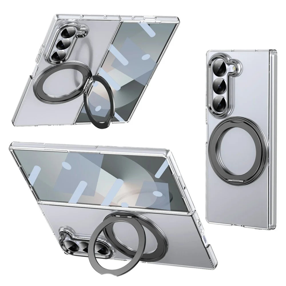 For Samsung Galaxy Z Fold6 5G Case Magnetic Kickstand Clear PC Phone Cover with HD Screen Film - Black - 2