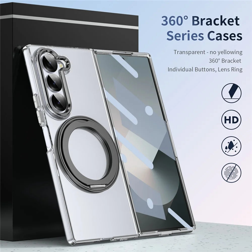 For Samsung Galaxy Z Fold6 5G Case Magnetic Kickstand Clear PC Phone Cover with HD Screen Film - Black - 3