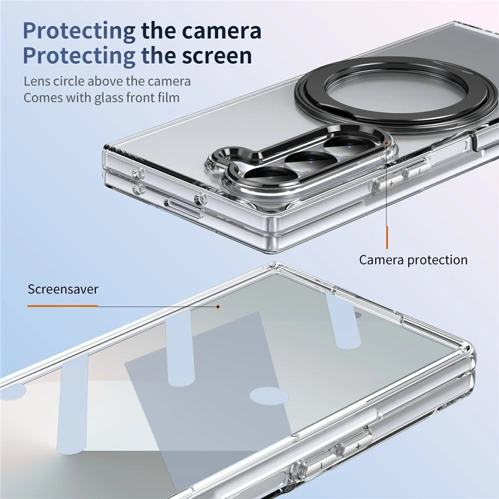 For Samsung Galaxy Z Fold6 5G Case Magnetic Kickstand Clear PC Phone Cover with HD Screen Film - Black - 6