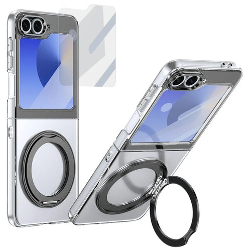 For Samsung Galaxy Z Flip5 5G Case Magnetic Kickstand Clear PC Phone Cover with HD Screen Film - Black - 1