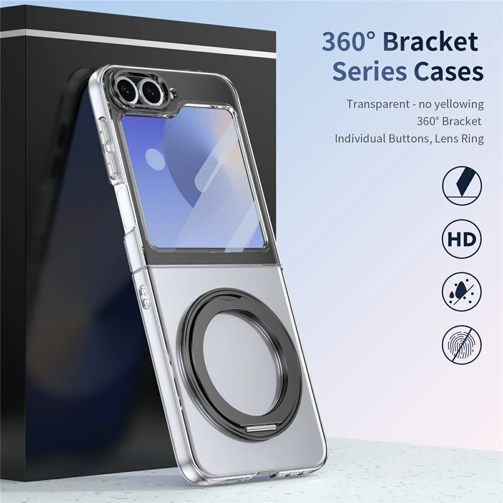 For Samsung Galaxy Z Flip5 5G Case Magnetic Kickstand Clear PC Phone Cover with HD Screen Film - Black - 5