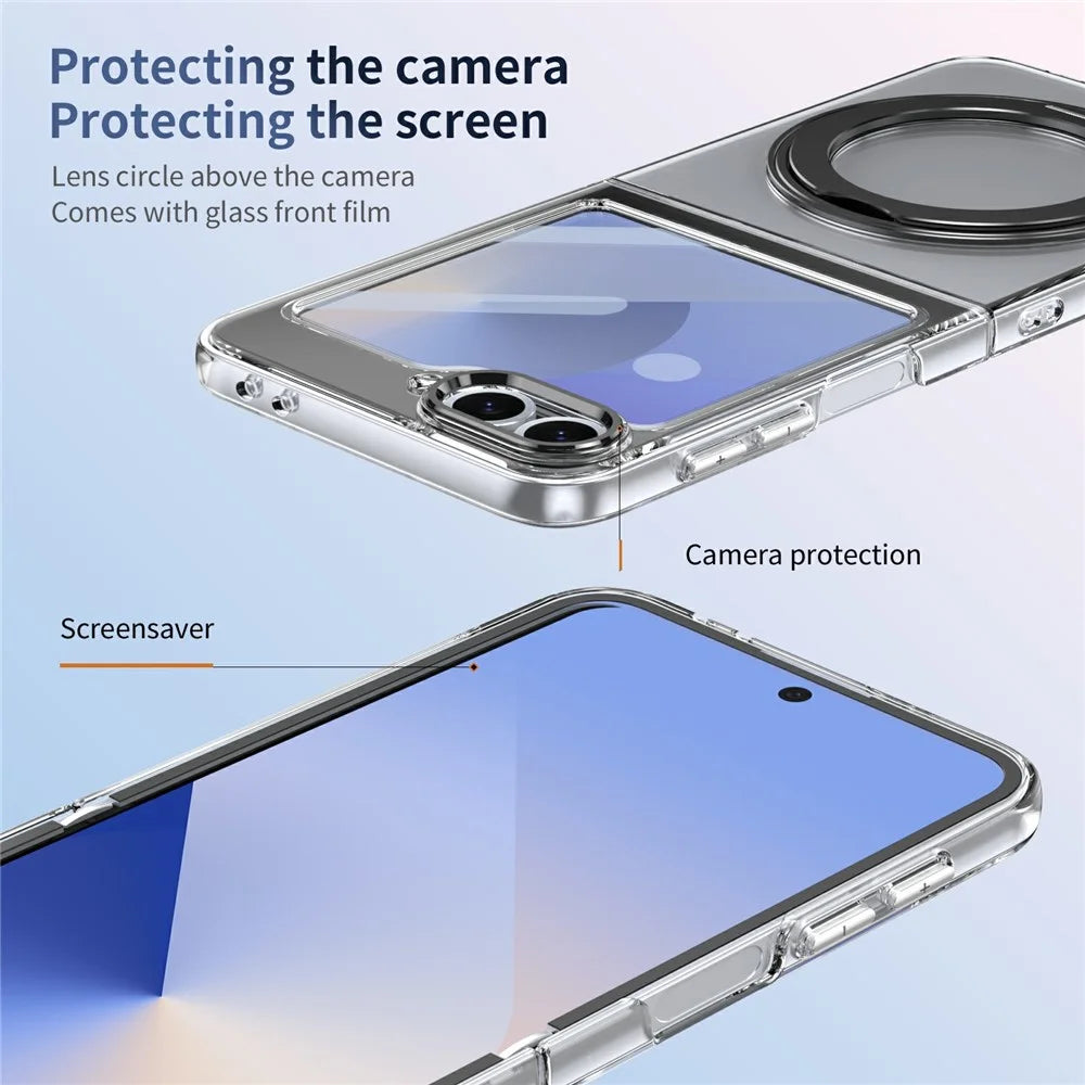 For Samsung Galaxy Z Flip7 FE 5G / Z Flip6 5G Case Magnetic Kickstand Clear PC Phone Cover with HD Screen Film - Black - 4