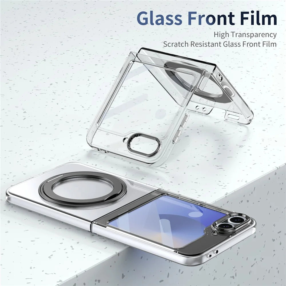 For Samsung Galaxy Z Flip7 FE 5G / Z Flip6 5G Case Magnetic Kickstand Clear PC Phone Cover with HD Screen Film - Black - 7