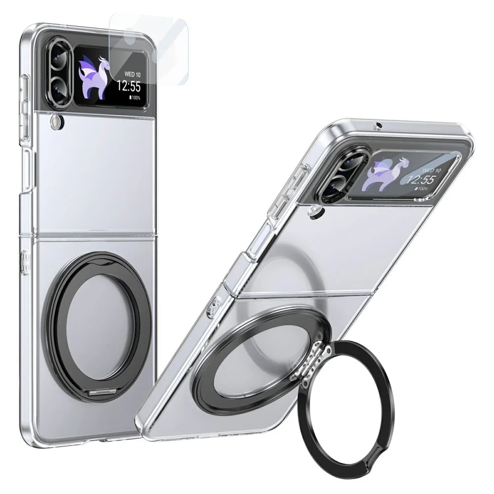 For Samsung Galaxy Z Flip4 5G Case Magnetic Kickstand Clear PC Phone Cover with HD Screen Film - Black - 1