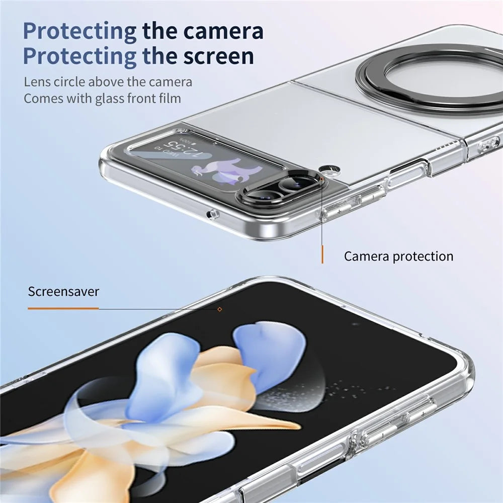 For Samsung Galaxy Z Flip4 5G Case Magnetic Kickstand Clear PC Phone Cover with HD Screen Film - Black - 4