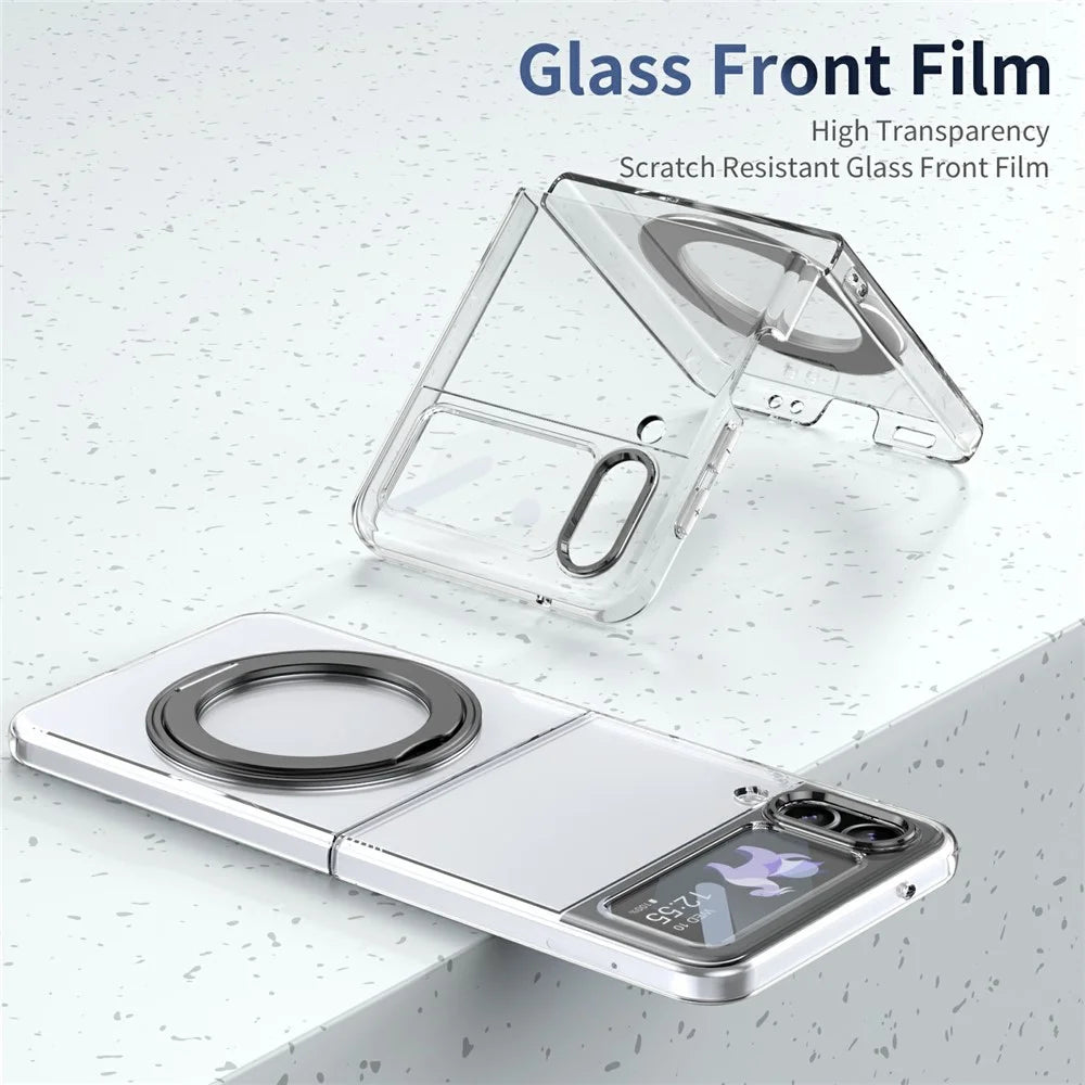 For Samsung Galaxy Z Flip4 5G Case Magnetic Kickstand Clear PC Phone Cover with HD Screen Film - Black - 7