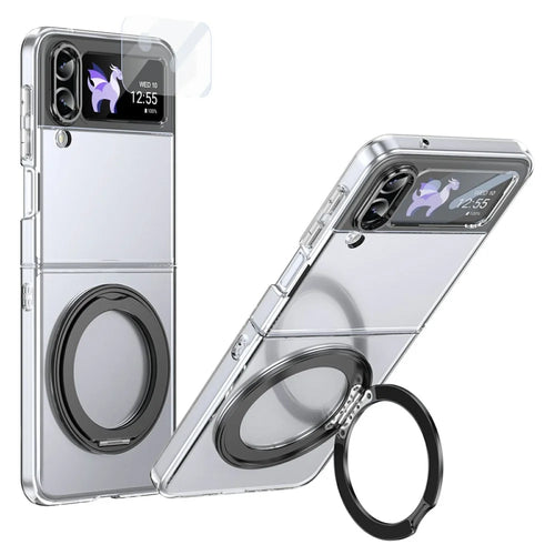 For Samsung Galaxy Z Flip3 5G Case Magnetic Kickstand Clear PC Phone Cover with HD Screen Film - Black - 1