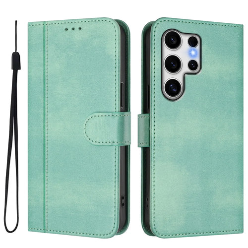 For Samsung Galaxy S25 Ultra Cases Wallet Stand Retro Texture Leather Phone Cover with Lanyard - Mint Green - 1