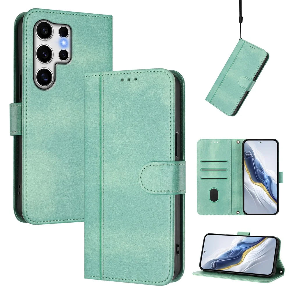 For Samsung Galaxy S25 Ultra Cases Wallet Stand Retro Texture Leather Phone Cover with Lanyard - Mint Green - 2