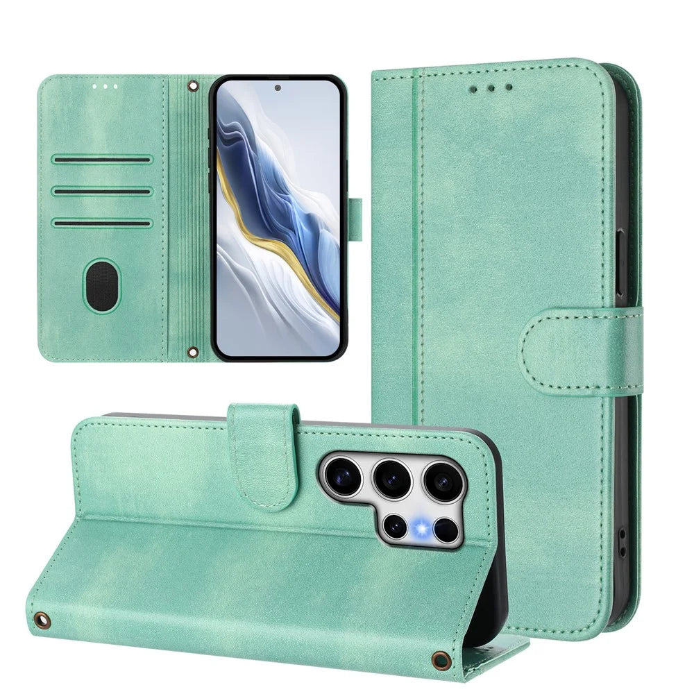 For Samsung Galaxy S25 Ultra Cases Wallet Stand Retro Texture Leather Phone Cover with Lanyard - Mint Green - 3
